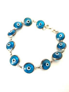 Evil Eye Nazar Turkish Protection Bracelet NOS 7.5" VTG 925 Sterling Handcrafted